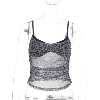 New Sexy Mesh Leopard-Print Fake Two-Piece Camisole Top