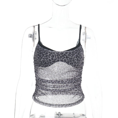 New Sexy Mesh Leopard-Print Fake Two-Piece Camisole Top