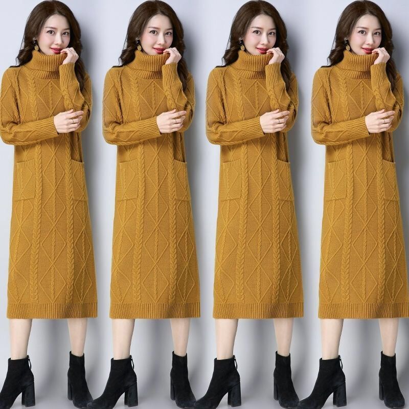Womens High-neck Long Fleece-lined Extra-thick Loose-fitting Sweater