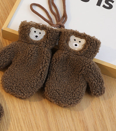 Korean Solid Color Bear Children's Gloves Set Autumn And Winter