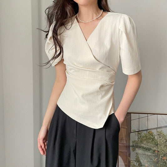 Womens Solid-Color French-Style Chic Asymmetrical Cross V-Neck Short-Sleeve Top