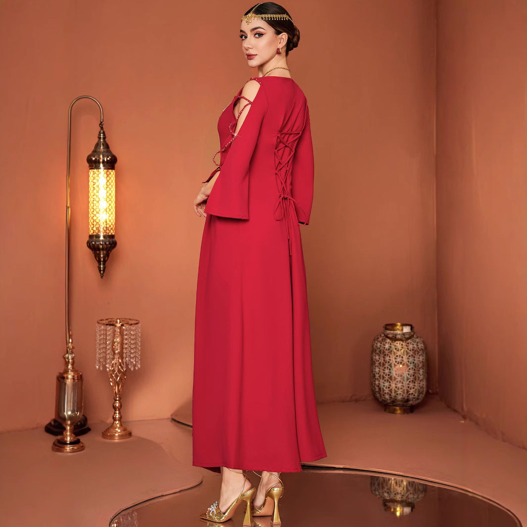 Red Designer Model Heavy Industry Hand Sewing Drill Off-the-shoulder Dress